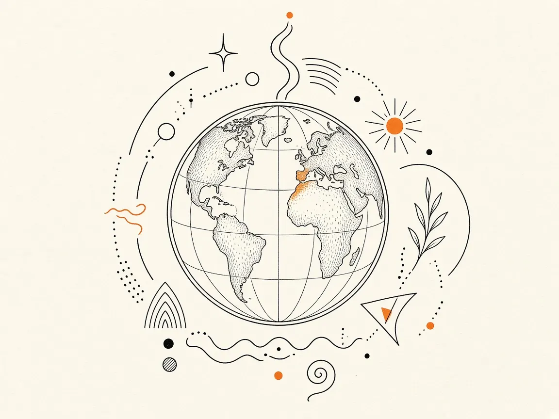 A globe surrounded by small symbols, for multilingual sites