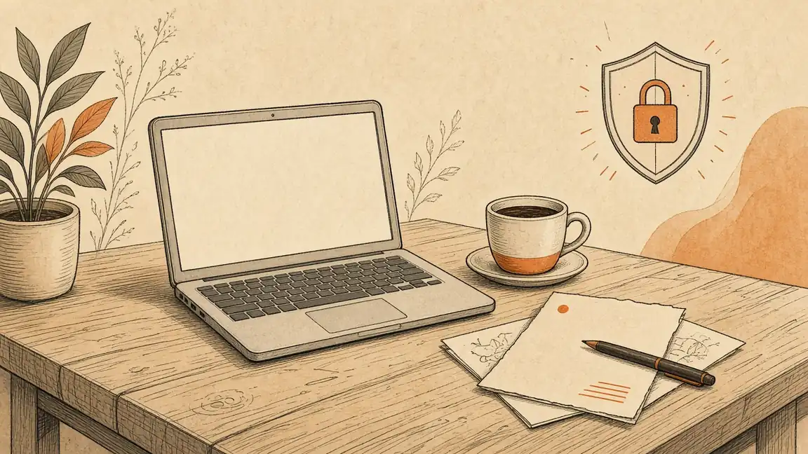 A laptop on a wooden desk next to a padlock shield, for tools that keep data on your device