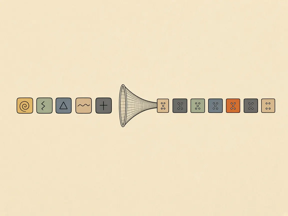 Letter tiles passing through a funnel and coming out as dotted code tiles, like text being percent-encoded